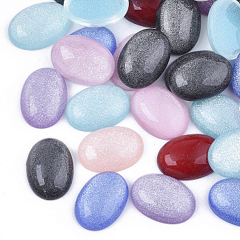 Translucent Resin Cabochons, with Glitter Powder, Oval, Mixed Color, 14x10x4.5mm