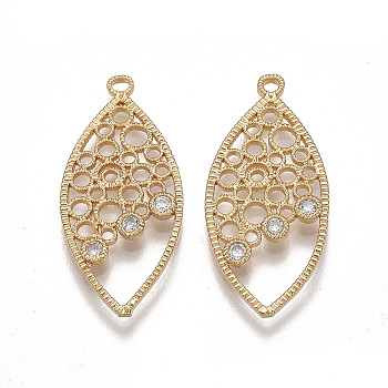 Brass Filigree Pendants, Real 18K Gold Plated, with Cubic Zirconia, Horse Eye, Clear, 28~29x13x2mm, Hole: 1.5mm