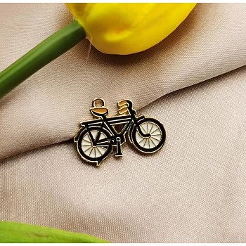 Light Gold Plated Alloy Enamel Pendants, Bicycle, Pendant Accessories, Black, 18x25mm