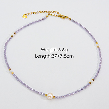 Handmade Natual Pearl & Natural Amethyst & Shell Beaded Necklaces, Stainless Steel Necklace Jewelry for Women, 14.57 inch(37cm)