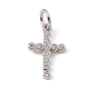 Brass Micro Pave Cubic Zirconia Charms, with Jump Rings, Religion Cross Charms, Platinum, 14x9x1.5mm, Hole: 3.4mm