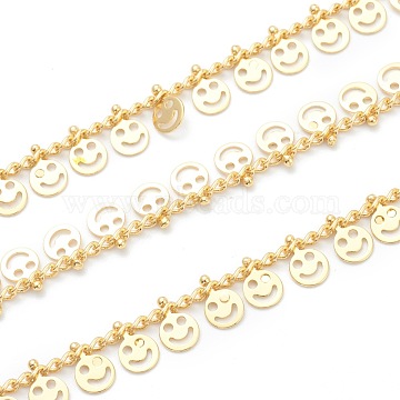 Brass Curb Chain, Twisted Chain, with Flat Round Smiling Face Charms, Long-Lasting Plated, with Spool, Soldered, Golden, 7x5x0.5mm, 32.8 Feet(10m)/roll(CHC-H103-25G)