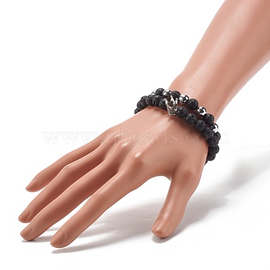 Natural Lava Rock & Non-magnetic Synthetic Hematite Round Beads Energy Power Stretch Bracelets Sett(BJEW-JB07051)-5