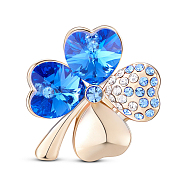 SHEGRACE Alloy Brooch, Micro Pave AAA Cubic Zirconia Four Leaf Clover with Austrian Crystal, Blue, 22x25mm(JBR016G)