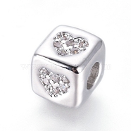 Brass Beads, with Micro Pave Cubic Zirconia, Cube with Heart, Clear, Platinum, 6x6x6mm, Hole: 3mm(KK-I657-07P)