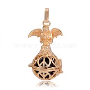 Golden Plated Brass Hollow Round Cage Pendants, with No Hole Spray Painted Brass Beads, Purple, 45x25x24mm, Hole: 3x8mm(KK-J251-05G)