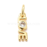 Rack Plating Brass Cubic Zirconia Charms, Word Love Charm, Long-Lasting Plated, with Jump Rings, Cadmium Free & Lead Free, Real 18K Gold Plated, 12x3.5x2mm, Hole: 3mm(KK-K270-25G)