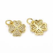 Brass Micro Pave Cubic Zirconia Charms, with Jump Ring, Clover Charm, Golden, 12x11x2mm, Hole: 3mm(KK-E068-VB113)