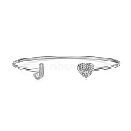 Heart & Letter Rhodium Plated 925 Sterling Silver Micro Pave Cubic Zirconia Cuff Bangles for Women, Letter J, 0.2~0.8cm, Inner Diameter: 1-7/8x2-1/4 inch(4.85x5.65cm) (BJEW-C062-01J-P)