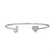 Anti-Tarnish Heart & Letter Rhodium Plated 925 Sterling Silver Micro Pave Cubic Zirconia Cuff Bangles for Women, Letter J, 0.2~0.8cm, Inner Diameter: 1-7/8x2-1/4 inch(4.85x5.65cm)(BJEW-C062-01J-P)