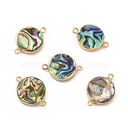 Natural Paua Shell Connector Charms, with Brass Findings, Flat Round, Light Gold, 22~23x15~16x3~4mm, Hole: 1.6~1.8mm(PEAR-P004-58KCG)