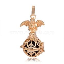 Golden Plated Brass Hollow Round Cage Pendants, with No Hole Spray Painted Brass Beads, Purple, 45x25x24mm, Hole: 3x8mm(KK-J251-05G)