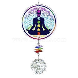 Glass Round Window Hanging Suncatchers, with Acrylic Yoga Meditation Home Outdoor Garden Ornaments, Human, 370mm(HJEW-B006-01A)
