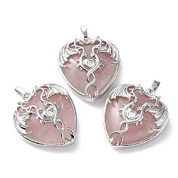 Natural Rose Quartz Heart Pendant Rhinestone Settings, Rack Plating Platinum Plated Brass Wings Charms, Long-Lasting Plated, Fit for 3mm Rhinestone, 37x33x10~11.5mm, Hole: 8x5mm(G-K339-01P-04)