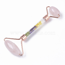 Natural Rose Quartz Massage Tools, Facial Rollers, with K9 Glass & Gemstone Chips & Zinc Alloy Findings, Rose Gold, 144x56x19.5mm(X-G-R466-02RG)