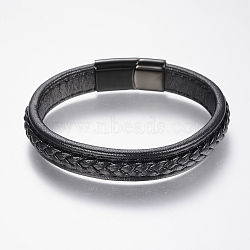 Braided Leather Cord Bracelets, with 304 Stainless Steel Magnetic Clasps, Black, 8-5/8 inch(220mm), 29x14x8mm(BJEW-H561-10C)