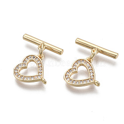 Brass Micro Pave Clear Cubic Zirconia Toggle Clasps, with Jump Rings, Nickel Free, Heart, Real 18K Gold Plated, Total Length: 17mm, Bar: 15x4x2mm, Hole: 1mm, Heart: 11.5x12x1.5mm, Hole: 1mm(KK-T063-014-NF)