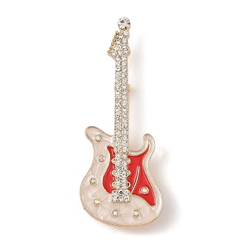 Guitar Alloy Rhinestone Musical Instruments Brooches, Red Enamel Pins, Golden, Crystal, 69x26.5mm