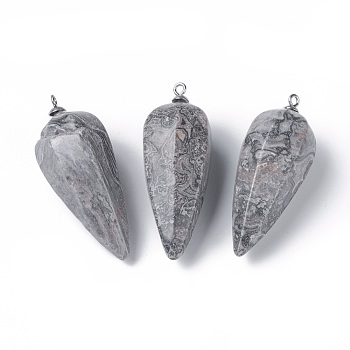 Natural Map Stone/Picasso Stone/Picasso Jasper Pointed Pendants, with Stainless Steel Findings, Cone, Stainless Steel Color, 50~53x19~21mm, Hole: 2mm