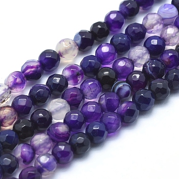 Natural Striped Agate/Banded Agate Beads, Dyed, Faceted Round, Purple, 6mm, Hole: 1mm, about 61pcs/strand, 14.3 inch(36.5cm)