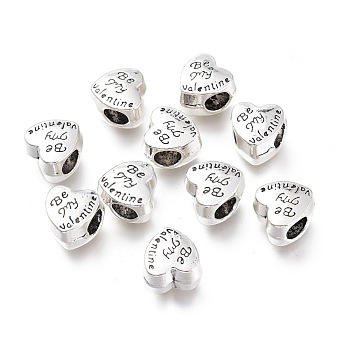 Tibetan Style Alloy European Beads, Large Hole Beads, for Valentine's Day, Heart with Word Be My Valentine, Antique Silver, 10x10x7mm, Hole: 4.5mm