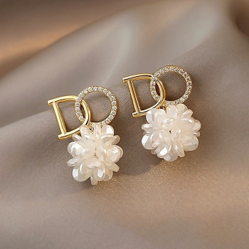 Acrylic Dangle Earrings, Alloy Rhinestone Earrings for Women, 925 Sterling Silver Pins, Flower with Letter, White, 18x12mm