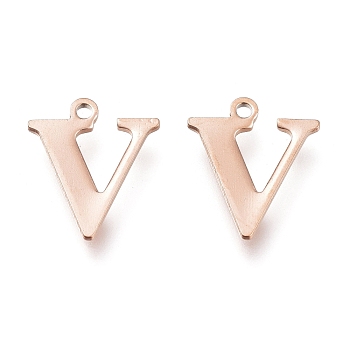 304 Stainless Steel Charms, Laser Cut, Alphabet, Rose Gold, Letter.V, 12x10x0.8mm, Hole: 1mm