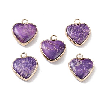 Dyed Synthetic Imperial Jasper Pendants, Brass Heart Charms, Golden, Medium Orchid, 19x16x4.5~5.5mm, Hole: 2.7mm