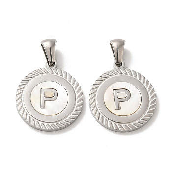 304 Stainless Steel Pendants, Flat Round Shell Charms with Letter, Stainless Steel Color, Letter P, 20.5x17.5x1.5mm, Hole: 2.5x4.5mm