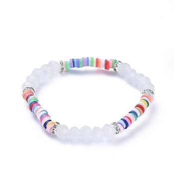 Kids Stretch Bracelets, with Polymer Clay Heishi Beads, Faceted Glass Beads and Brass Rhinestone Beads, White, Inner Diameter: 1-7/8 inch(4.7cm)