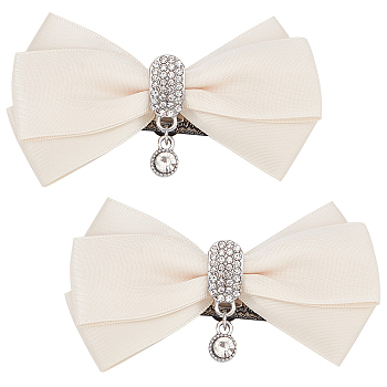 2Pcs Detachable Polyester Bowknot Shoe Decoration, with Alloy Buckle Clip, Crystal Glass Rhinestone, PapayaWhip, 90x50mm