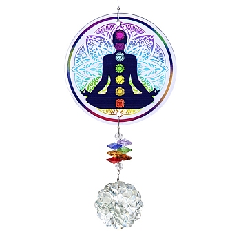 Glass Round Window Hanging Suncatchers, with Acrylic Yoga Meditation Home Outdoor Garden Ornaments, Human, 370mm