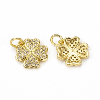 Brass Micro Pave Cubic Zirconia Charms, with Jump Ring, Clover Charm, Golden, 12x11x2mm, Hole: 3mm