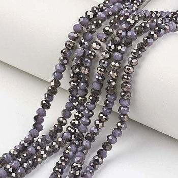 Electroplate Opaque Glass Beads Strands, Half Black Plated, Faceted, Rondelle, DarkSlate Blue, 4x3mm, Hole: 0.4mm, about 123~127pcs/strand, 16.5~16.9 inch(42~43cm)