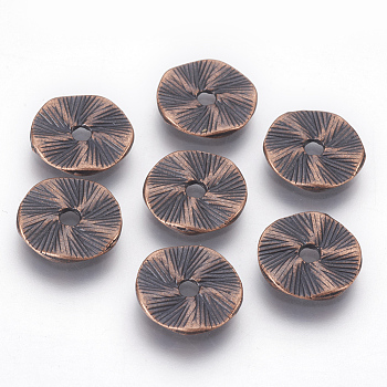 Tibetan Style Alloy Beads, Lead Free and Cadmium Free, Flat Round, Red Copper, about 13mm in diameter, 1mm thick, hole: 2.5mm