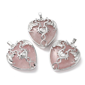 Natural Rose Quartz Heart Pendant Rhinestone Settings, Rack Plating Platinum Plated Brass Wings Charms, Long-Lasting Plated, Fit for 3mm Rhinestone, 37x33x10~11.5mm, Hole: 8x5mm