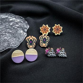 Halloween Spider Ghost Spider Web Wood Stud Earring Sets, Resin & Wood Flat Round Ear Studs for Women, Mixed Color, 15x11~15mm, 4pairs/set
