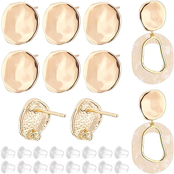 10Pcs Brass Stud Earring Findings, with Vertical Loops, Twist Flat Round, with 30Pcs Plastic Ear Nuts, Real 18K Gold Plated, 11.5x10mm, Hole: 1.2mm, Pin: 0.8mm