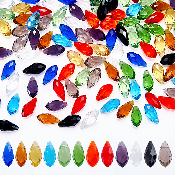 AHADERMAKER 100Pcs 10 Colors Transparent Glass Beads, Facted, Top Drilled, Teardrop, Mixed Color, 12x6mm, Hole: 1mm, 10pcs/color