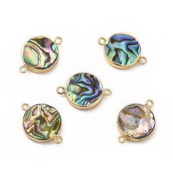 Natural Paua Shell Connector Charms, with Brass Findings, Flat Round, Light Gold, 22~23x15~16x3~4mm, Hole: 1.6~1.8mm