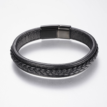 Braided Leather Cord Bracelets, with 304 Stainless Steel Magnetic Clasps, Black, 8-5/8 inch(220mm), 29x14x8mm