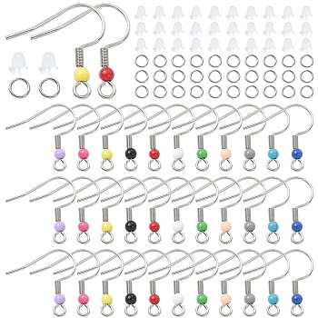 50Pcs 304 Stainless Steel Earring Hooks, Ear Wire with Acrylic Beaded and Horizontal Loops, with 50Pcs Open Jump Rings & 50Pcs Plastic Ear Nuts, Mixed Color, 19.5x18.5mm, Hole: 2mm, 22 Gauge, Pin: 0.6mm
