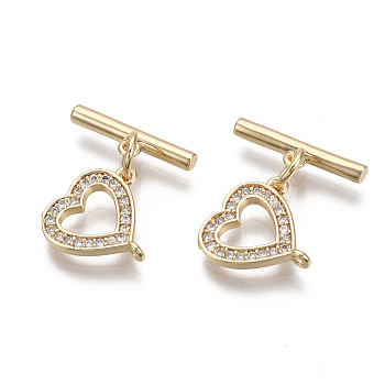 Brass Micro Pave Clear Cubic Zirconia Toggle Clasps, with Jump Rings, Nickel Free, Heart, Real 18K Gold Plated, Total Length: 17mm, Bar: 15x4x2mm, Hole: 1mm, Heart: 11.5x12x1.5mm, Hole: 1mm