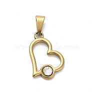 304 Stainless Steel Pendants, with Rhinestone, Ion Plating(IP), Heart, Golden, Crystal, 21.5x14x3mm, Hole: 7x3mm(STAS-Q343-04A-G)