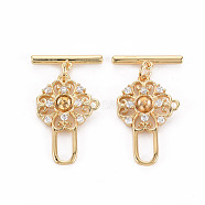 Brass Micro Pave Clear Cubic Zirconia Peg Bails Toggle Clasps, for Half Drilled Bead, Nickel Free, Flower & Bar, Real 18K Gold Plated, Flower: 23x15x3mm, pin: 0.7mm, hole: 1.2mm and 7.5x3.5mm, Bar: 4x17x2mm, Jump Ring: 5x0.8mm, inner diameter: 3.4mm(KK-S356-423-NF)