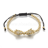 Brass Braided Bead Bracelets, with Micro Pave Cubic Zirconia and Polyester Cord, Leopard Head, Clear, Golden, 1-3/4 inch(4.5cm)~3-1/2 inch(9cm)(ZIRC-T006-22G-01)