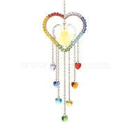 Glass Heart Pendant Decoration, Hanging Suncatchers, with 304 Stainless Steel Split Rings, for Home Decoration, Colorful, 217mm, Hole: 10mm(HJEW-JM01189)