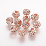 Brass Beads, with Grade A Rhinestone, Rondelle, Rose Gold, Crystal, 12x10mm, Hole: 4mm(RB-K050-12mm-A07)