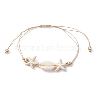 Synthetic Turquoise & Cowrie Shell Braided Starfish & Shell Shape Bead Bracelets for Women, White, Inner Diameter: 3-1/4 inch(8.3cm)(BJEW-JB10197-01)