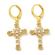 Real 18K Gold Plated Brass Dangle Leverback Earrings, with Glass, Cross, Clear, 38x16mm(EJEW-A033-03G-04)
